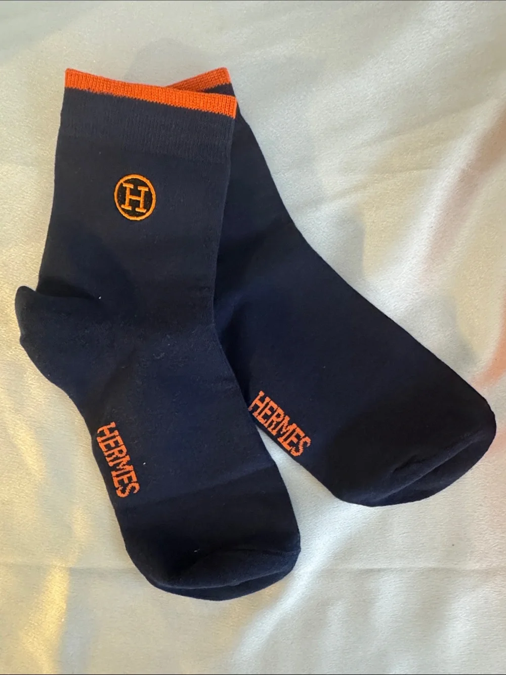New! Hermes Navy Socks with Orange Logo Trim